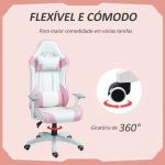Cadeira Gaming Reclinável com Almofada Lombar Apoio de Cabeça Basculante e Altura Ajustável 67x60x120 - 128 cm Branco e Rosa