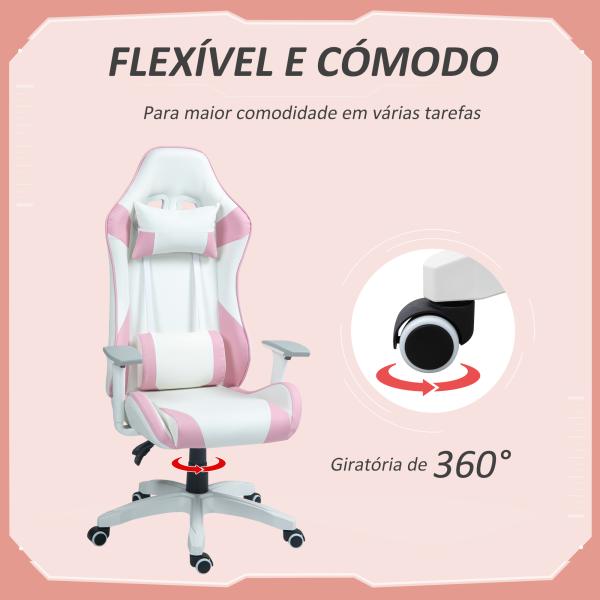Cadeira Gaming Reclinável com Almofada Lombar Apoio de Cabeça Basculante e Altura Ajustável 67x60x120 - 128 cm Branco e Rosa