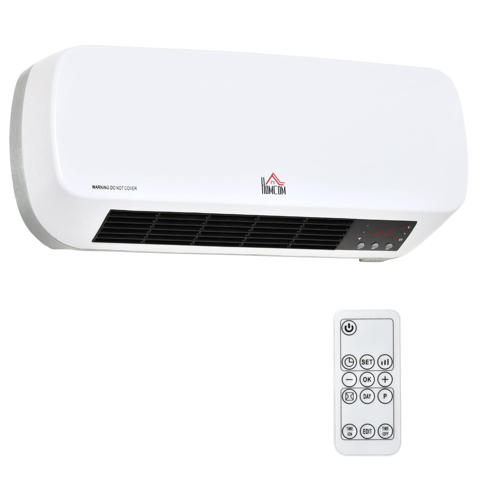Aquecedor Cerâmico de Parede 1000W/2000W com Controle Remoto 3 Modos de Aquecimento Temporizador de 12h Termostato e Proteção contra Superaquecimento 45x18,6x11,5cm Branco
