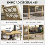 Conjunto de Jardim Exterior em Vime com 1 Sofá de Dois Lugares 1 Espreguiçadeira e 1 Mesa de Centro Madeira e Creme