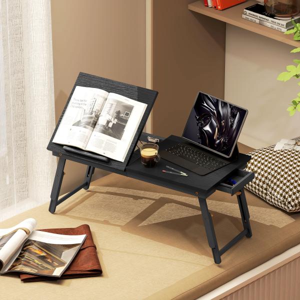 Mesa Reclinável para Cama e Sofá, Tabuleiro Dobrável com Gaveta Lateral para Computador Portátil e Livros, Cinco Alturas, Preto