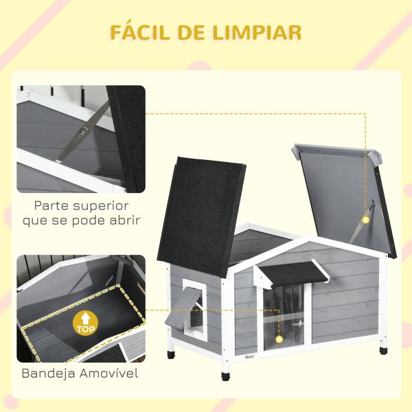 Casa para Cães de Madeira Casa para Animais de Estimação com Teto Asfáltico 2 Janelas Porta com Cortina 97x72x65 cm Cinza