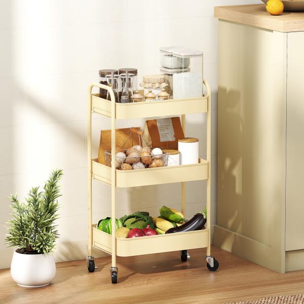 Carrinho Auxiliar com Rodas de 3 Níveis Carrinho de Cozinha com 3 Cestos e 2 Pegas 45x30,6x79 cm Amarelo