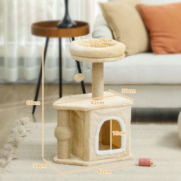 Arranhador para Gatos com Cama Caverna Plataforma Bola Suspensa e Poste de Juta 42x30x66 cm Marrom e Bege