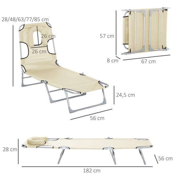 Espreguiçadeira de Jardim Reclinável e Dobrável com Orifício de Leitura Apoio para Cabeça e Encosto Ajustável em 4 Níveis para Praia 182x56x24,5 cm Bege