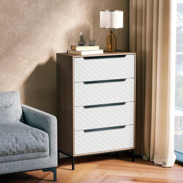 Cómoda com 4 Gavetas de Tecido Frentes com Padrão de Diamante Móvel de Arrumação 59,5,5x30x92,5 cm Madeira e Branco