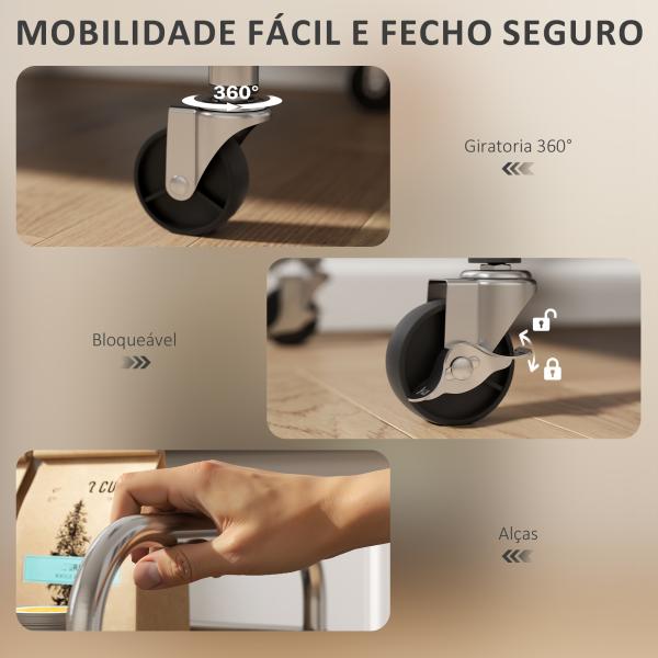 Carrinho Auxiliar com Rodas de Aço Inoxidável de 3 Níveis com Prateleira Ajustável 2 Rodas com Travão 60x35x77 cm Prateado