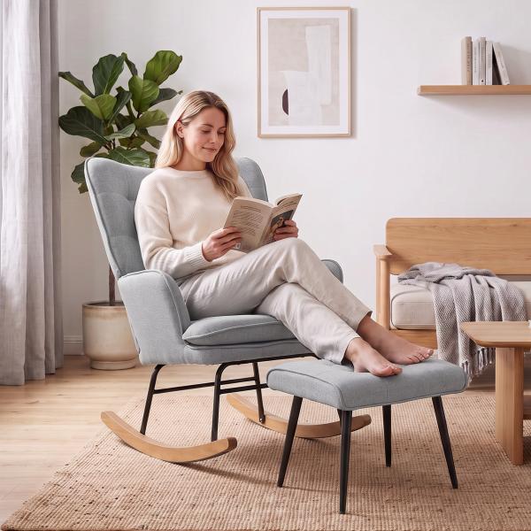 Poltrona Baloiço com Apoio para os Pés Poltrona Relax com Almofada Acolchoada e Anti - Tombo 64x89x90 cm Cinzento