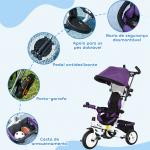 Triciclo Evolutivo para Bebés de +12 Meses 2 em 1 com Toldo Dobrável Guiador Cinto de Segurança e Cesto 95x50x106 cm Roxo