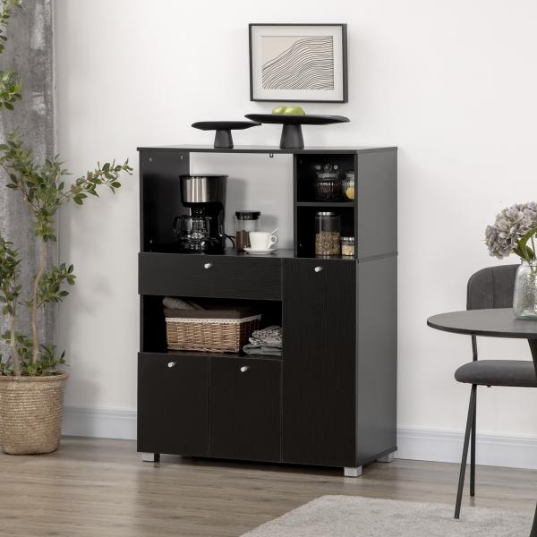 Aparador Auxiliar para Microondas Buffet de Cozinha com 2 Armários com Portas 1 Gaveta e Prateleiras 90x40x120 cm Preto