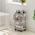 Carrinho Auxiliar com Rodas de 3 Níveis com Cestos Extraíveis Suporte para Toalhas e Estrutura de Metal 42x42,5x76 cm Cinza