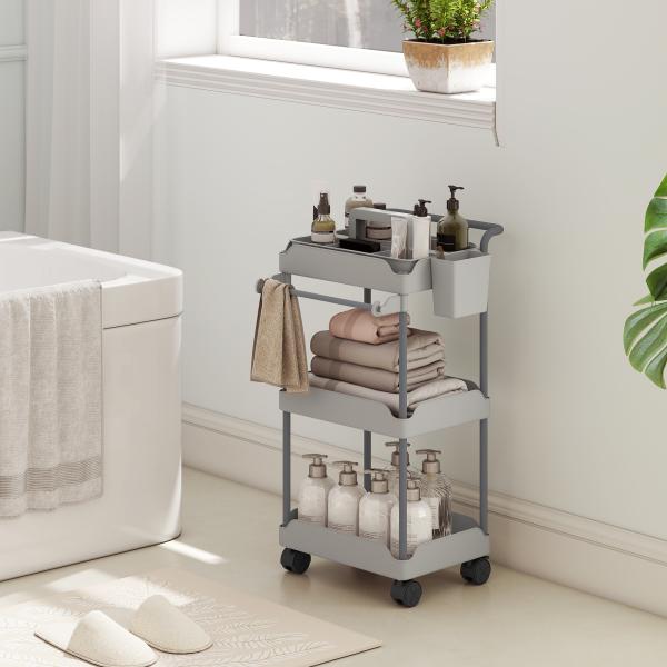 Carrinho Auxiliar com Rodas de 3 Níveis com Cestos Extraíveis Suporte para Toalhas e Estrutura de Metal 42x42,5x76 cm Cinza