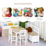 Conjunto Infantil de Mesa 2 Cadeiras e Banco com Armazenamento Móveis Infantil para Sala de Jogos Dormitório Branco e Natural