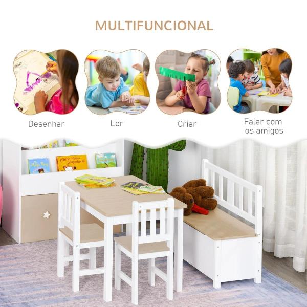 Conjunto Infantil de Mesa 2 Cadeiras e Banco com Armazenamento Móveis Infantil para Sala de Jogos Dormitório Branco e Natural