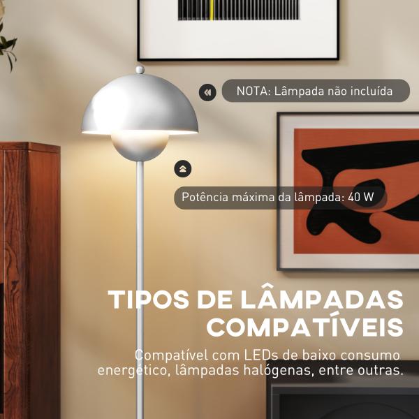 Candeeiro de Pé Moderno com Ecrã em Forma de Taça Refletora de Luz Interruptor de Pé Suporte E27 sem Lâmpada Ø35x155 cm Prata