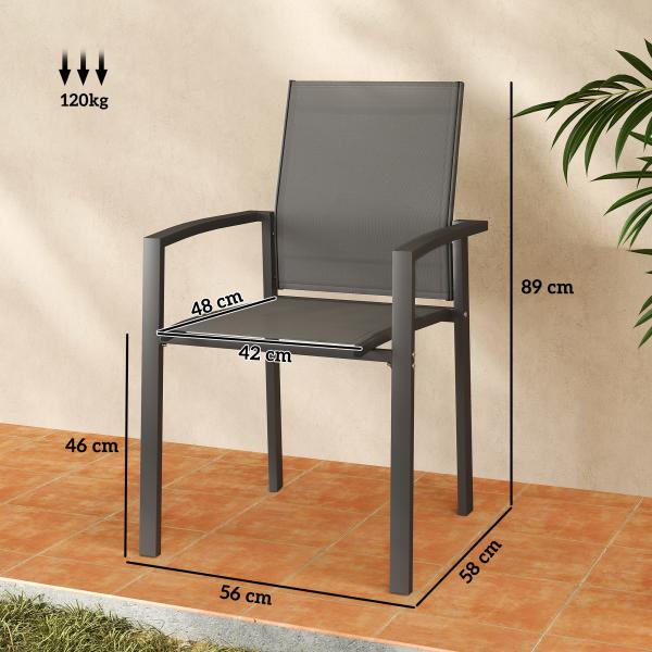 Conjunto de 2 Cadeiras de Jardim Empilháveis com Tecido Transpirável e Estrutura em Aço 56x58x89 cm Cinzento Escuro