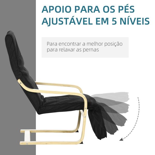 Poltrona Relax com Apoio para os Pés Ajustáveis Poltrona Estofada em Tecido com Estrutura de Madeira 66,5x94x100 cm Preto