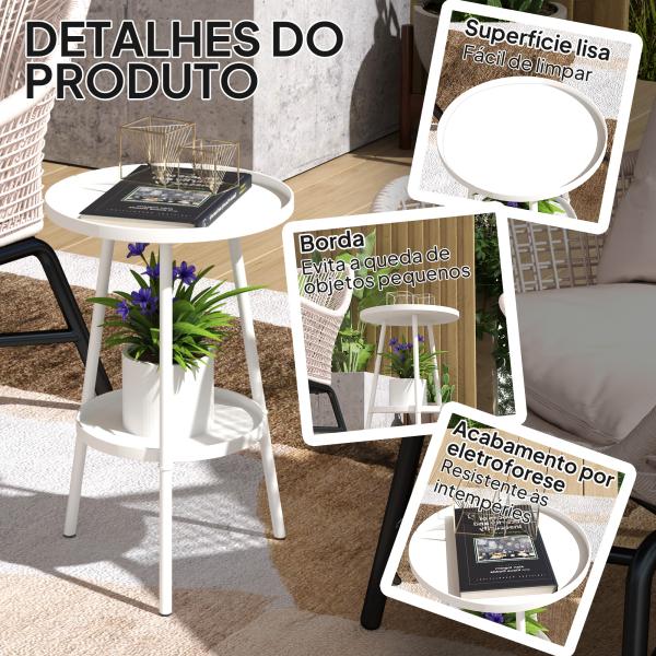 Mesa de Jardim Redonda de 2 Níveis Mesa de Exterior Ø32x51 cm com Bandeja Inferior e Estrutura de Metal Branco