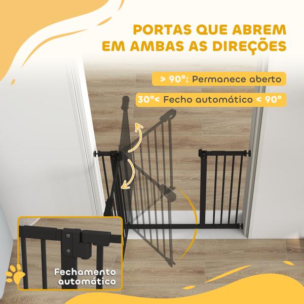 Barreira de Segurança de Cães para Escadas e Portas 74 - 94 cm com 1 Extensão Fechamento Automático e Sistema de Duplo Bloqueio Aço Preto