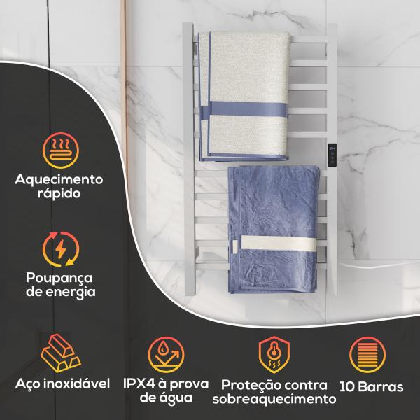 Toallero Elétrico de Parede 110W com Controlo WIFI Ecrã Tátil Temporizador 10 Barras Temperatura Ajustável Baixo Consumo IPX4 45x11x80 cm Branco