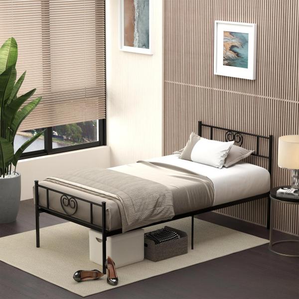 Estrutura de Cama Individual de Metal 31cm para Colchão 90x190cm com Cabeceira com Forma de Coração Estrutura de Cama com Espaço em Baixo de Armazenamento 95x196x100cm Preto