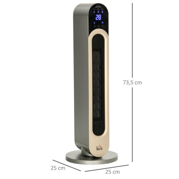 Aquecedor Cerâmico de Torre 1100/2200W com Controlo Remoto Ecrã LED Temporizador de 12h Termostato 3 Modos Ø25x73,5 cm Prata