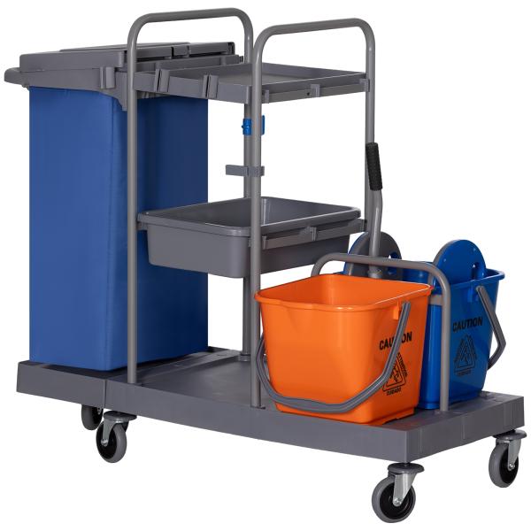 Carro de Limpeza Professional com Escorredor de Alavanca e 2 Baldes de 18L 111x63,3x103cm Cinza Azul e Laranja
