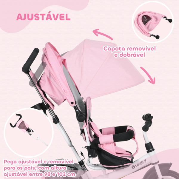 Triciclo para Bebés Evolutivo com Capota Dobrável Guiador Telescópico e Removível Bolsa e Porta - Garrafas 102x49x102 cm Rosa