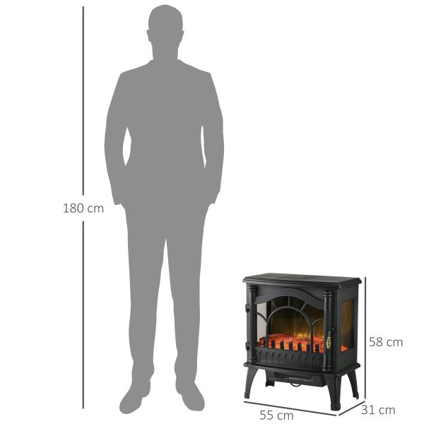 Lareira Elétrica 1000W/2000W com Temperatura Ajustável e Brilho Ajustável para Ambientes 15 - 30 m² 55x31x58 cm Preto