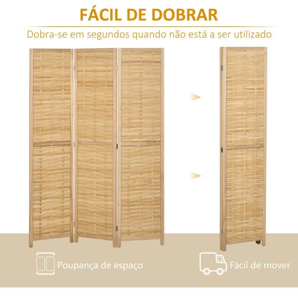 Biombo de 3 Paineis Separador de Ambientes Dobrável 120x1,8x170 cm Divisor de Ambientes com Padrão Tecido em Bambu Madeira