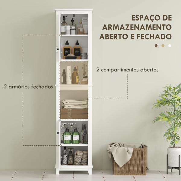 Coluna Casa de Banho com Prateleira Ajustável 2 Portas em Vime e 2 Compartimentos Estilo Boho 40x30x167,5 cm Branco