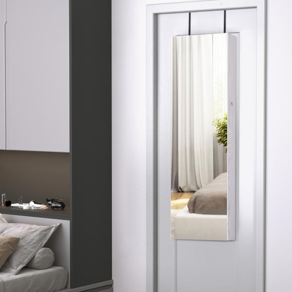 Espelho com Móvel de Bijuterias de Parede ou Porta Espelho de Parede com LED 5 Prateleiras 2 Gavetas pequenas e Fechadura 37x120x10cm Cinza Claro