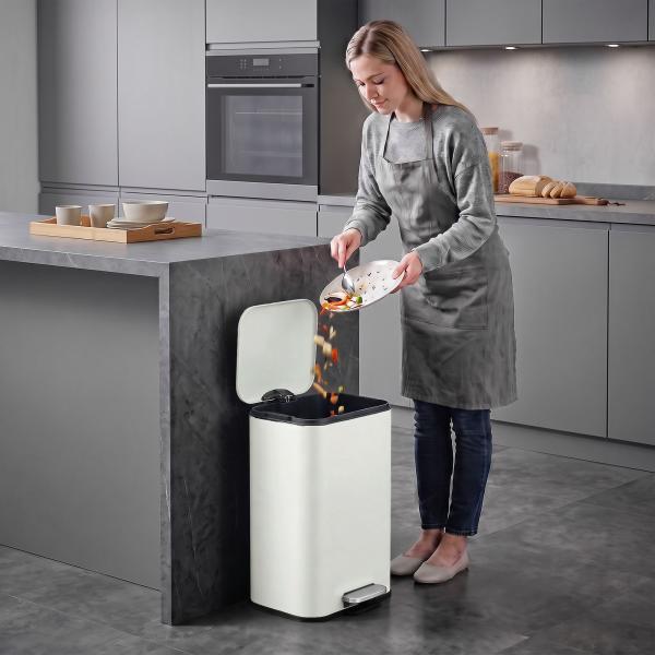 Caixote do Lixo de Cozinha 20 L em Aço Galvanizado com Tampa de Fecho Suave Pedal Balde Interior Amovível e Acabamento Anti - impressões Digitais Creme