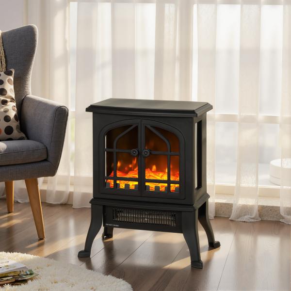 Lareira Elétrica 900/1800W com Efeito Chama 3D 2 Níveis de Potência Termóstato Ajustável para 15 - 30 ㎡ 39x24x48 cm Preto