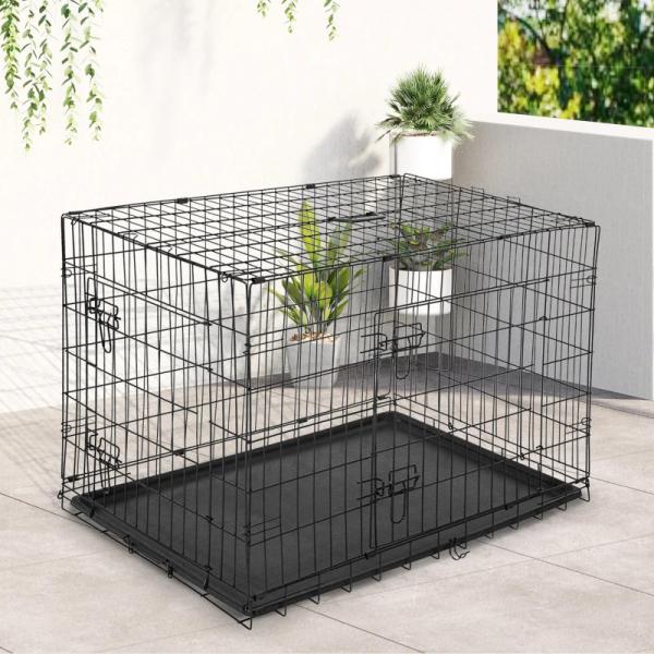 Gaiola para Cães com 2 Portas Gaiola para Animais de Estimação de Arame Dobrável com Alça de Transporte Aço 121x74,5x81cm Preto
