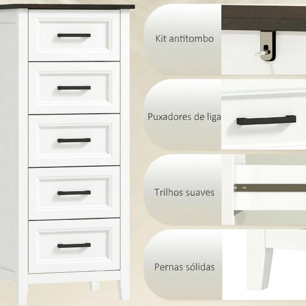 Cómoda 5 Gavetas Cómoda de Dormitório Estreita e Alta com Bancada com Efeito Madeira 45x35x106 cm Branco