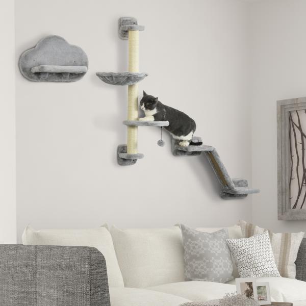 Conjunto de Prateleiras de Escalada para Gatos de 3 Peças com Rede Rampa Arranhador Plataforma em Forma de Nuvem para Saltar Cinzento