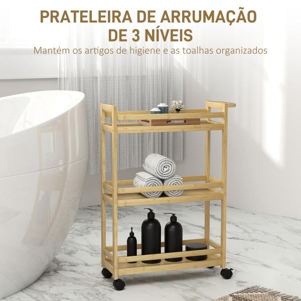 Carrinho para Casa de Banho de Bambu com 3 Níveis Carrinho de Arrumação para Casa de Banho Cozinha 55x20x75 cm Madeira