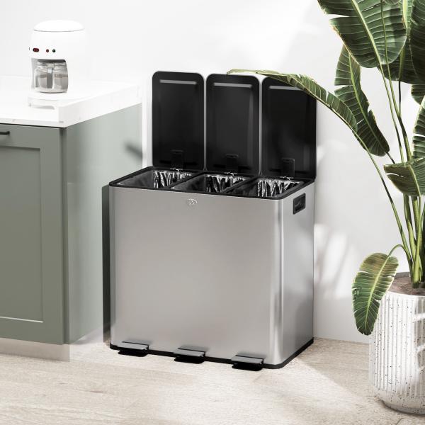 Balde de Lixo de Cozinha com 3 Compartimentos 3x15L com Pedais Tampas com Fechamento Suave e Cubo Amovível Prata