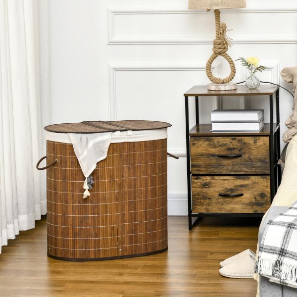 Cesto de Roupa de Bambu Capacidade de 100L Cesto para Roupa Suja com Bolsa de 2 Compartimentos 62,5x37x60,5cm Marrom
