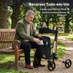 Andarilho Dobrável em Alumínio com Assento, 4 Rodas, Altura Ajustável e Travões de Mão, Dourado e Preto