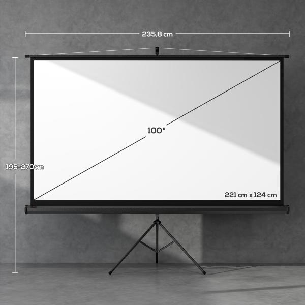 Tela de Projeção Manual com Suporte 100 Polegadas Portátil Formato 16:9 com Altura Ajustável 235,8x8x136 cm Branco e Preto