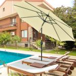 Chapéu de Sol Exterior para Terraço, Ø265 cm, Guarda - sol de Jardim com 32 Luzes LED Solares, Poste de Aço e Manivela de Guarda - sol Inclinável, para Pátio, Terraço, Bege