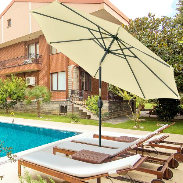 Chapéu de Sol Exterior para Terraço, Ø265 cm, Guarda - sol de Jardim com 32 Luzes LED Solares, Poste de Aço e Manivela de Guarda - sol Inclinável, para Pátio, Terraço, Bege