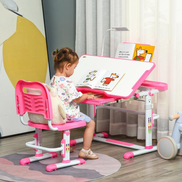 Conjunto de Secretária e Cadeira para Crianças com Altura Ajustável Mesa Inclinável Lâmpada LED 80x49,5x80 - 105cm e 36x34x60 - 73cm Rosa