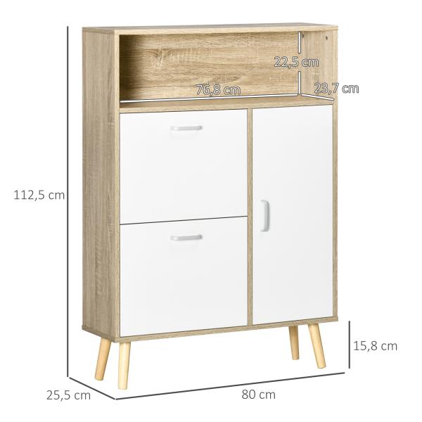 Sapateira para 8 Pares de Sapatos com 2 Gavetas Prateleira Aberta e Porta 80x25,5x112,5cm Madeira e Branco