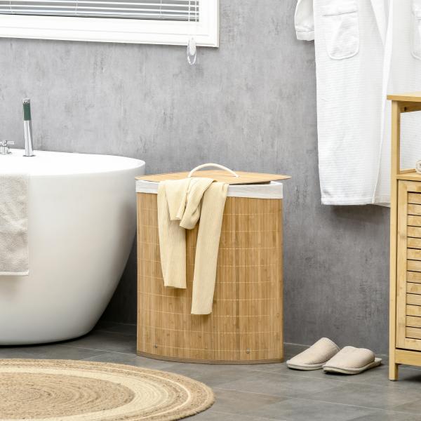 Cesto de Roupa de Bambu Capacidade de 55L Cesto para Roupa Suja com Tampa e Bolsa Amovível 38x38x57cm Madeira
