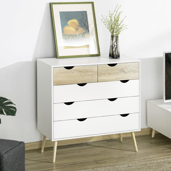 Cómoda com 5 Gavetas Cómoda de Quarto com Pés de Madeira Estilo Nórdico 99x39x101 cm Branco e Carvalho