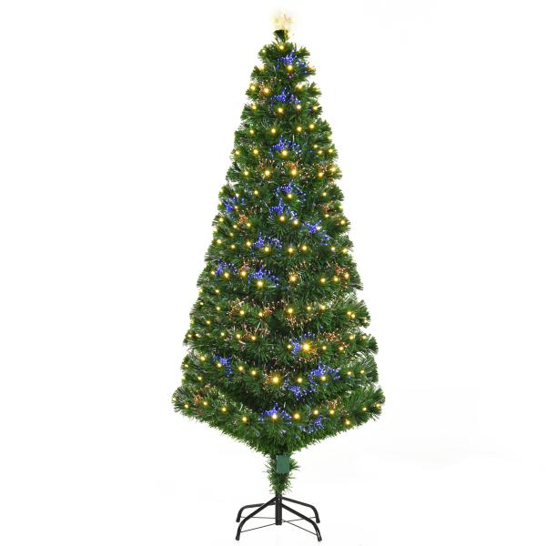 Árvore de Natal 180 cm Árvore de Natal Artificial com Luzes LED Fibra Óptica 230 Ramos de PVC e Suporte Metálico Ø82x180 cm Verde