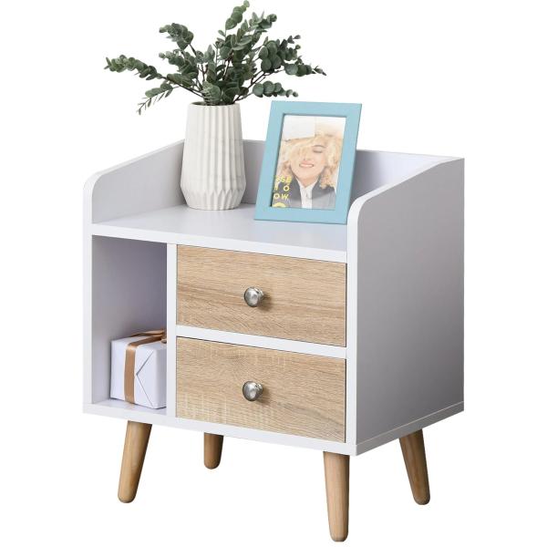 Mesa de Cabeceira com 2 Gavetas Grandes 1 Prateleira Aberta e Pés Elevados Estilo Nórdico 43x30x49 cm Branco e Madeira